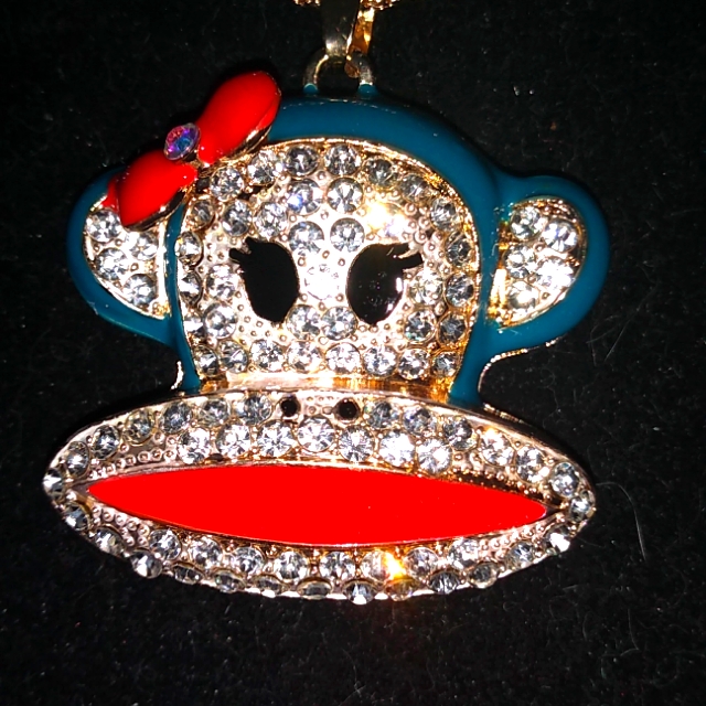 White Crystal, Blue And Red Enamel Monkey Girl Pendant Necklace